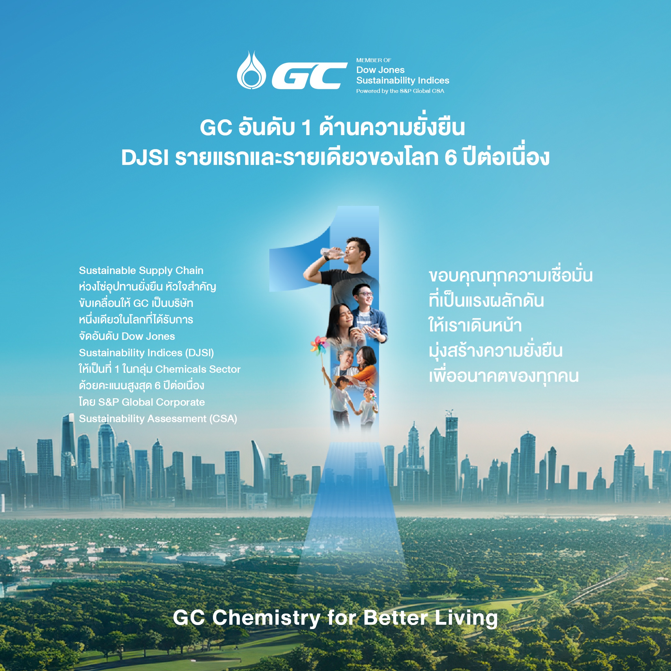 GC คว้าอันดับ 1 จาก DJSI ในกลุ่มธุรกิจเคมีภัณฑ์ต่อเนื่อง 6 ปี รายแรกและรายเดียวของโลก ตอกย้ำองค์กรต้นแบบความยั่งยืน